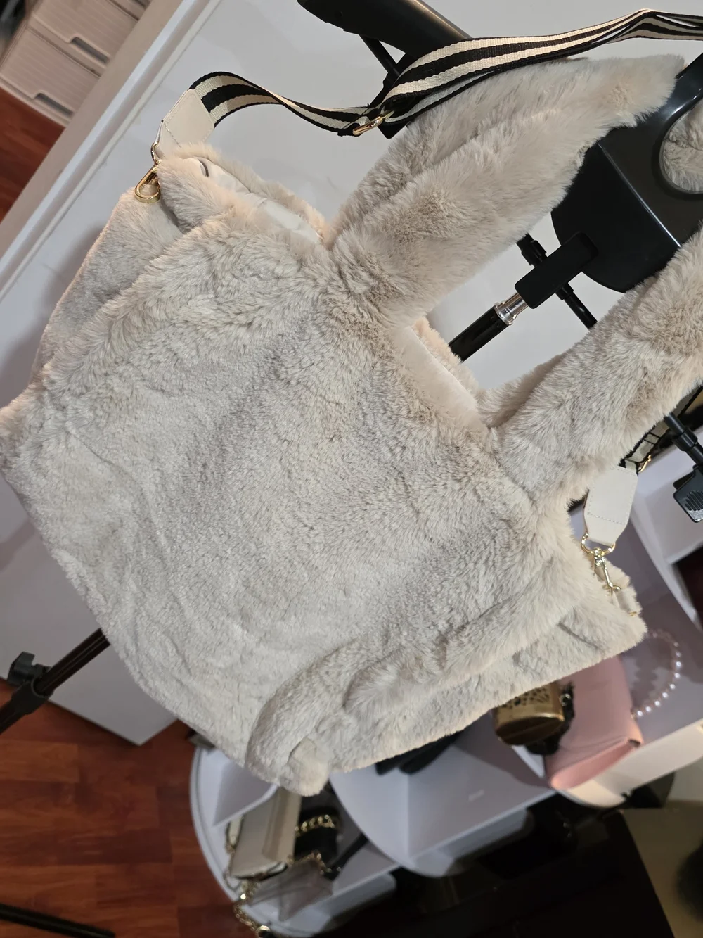 & Other Stories Plush Faux Fur Tote in Light Beige with Striped Strap